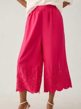 Anthropologie Pink Eyelet Wide Leg Crop Pants Petite 12P Boho Resort Chic NWT